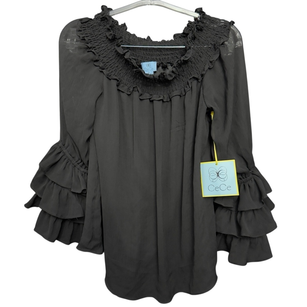 CeCe XS Black Smocked Neck Ruffle Sleeve Blouse Top NWT - Picture 1 of 8
